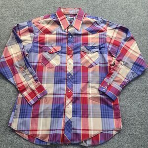 Men's Vintage Wrangler Cowboy Cut Shirt 17x34  X-Long Tails Pearl Snaps Blue Red